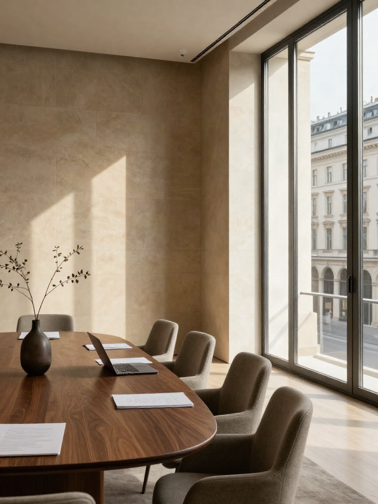 A sunlit executive meeting room with a walnut table and views of Viennese architecture