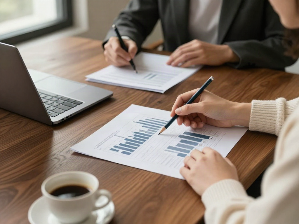 Professionals reviewing business charts and discussing strategic priorities around a meeting table